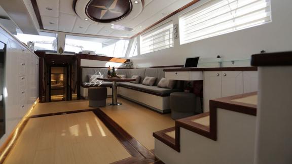 The stylish salon of the 24-meter long gulet Grand Sailor, anchored in the waters near Fethiye, Turkey.