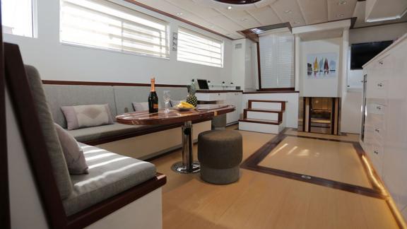 Cozy seating area in the stylish salon of the 24-meter long gulet Grand Sailor, anchored in the waters near Fethiye, Tur