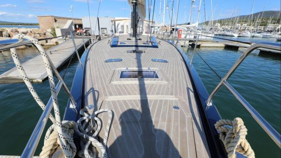 Morfely in Sardinia features a teak deck designed for comfortable sailing holidays and private yacht charters.