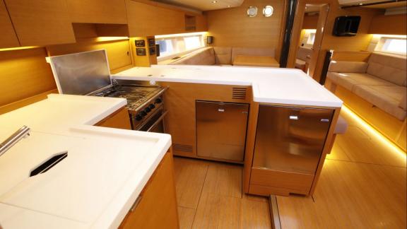 Modern galley of the Grand Soleil 58 Morfely sailing yacht in Sardinia, Italy. Designed for convenient onboard living.