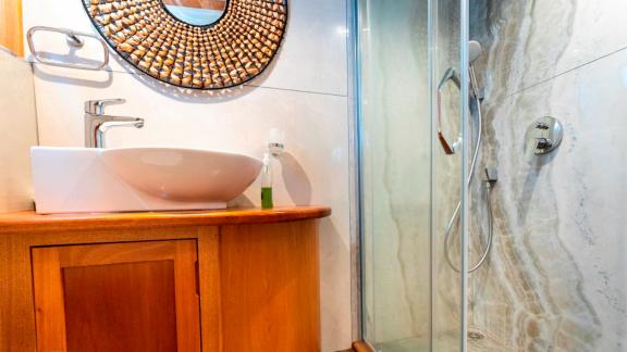 Stylish bathroom of the luxurious Gulet Bodrum Queen in Bodrum, Turkey, with shower.