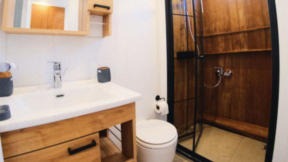 Modern bathroom with wooden shower.