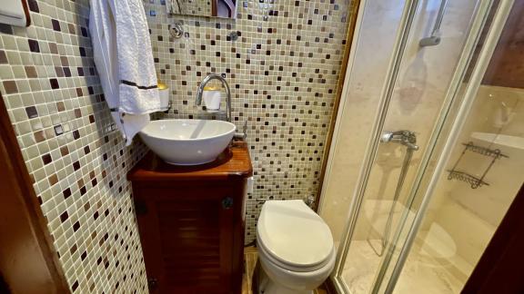 Enjoy the comfort of a modern bathroom aboard the Gulet Daphne S, equipped with a shower and sink.