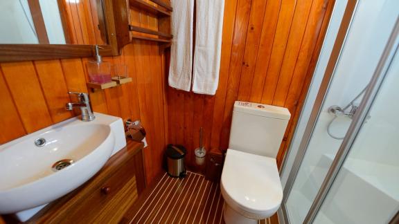 Elegant bathroom with wood paneling, shower, and modern amenities on the Gulet Sıla.