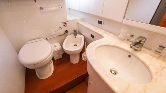 The bathroom of the motor yacht Vega in Göcek offers modern and clean facilities.