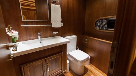 Modern bathroom on the 6-cabin gulet Koray Ege, for rent in Marmaris.