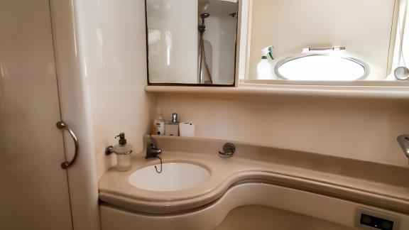 The modern bathroom of motor yacht Ela offers comfortable use.