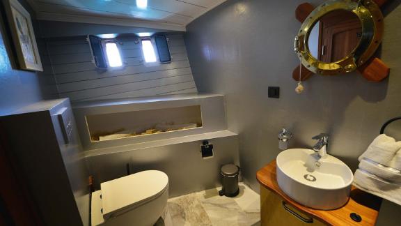 Modern bathroom on board the gulet Mrs Elcih in Göcek, Turkey.