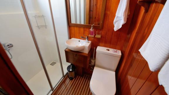 Modern bathroom with wood paneling, spacious shower, and elegant fixtures on the Gulet Sıla.