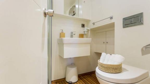 Modern bathroom of the 24-meter long gulet Grand Sailor, anchored in the waters near Fethiye, Turkey.