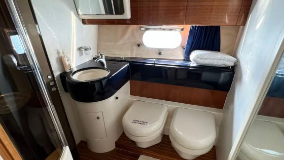 The bathroom on motor yacht Sky 22 features modern design and stylish details.