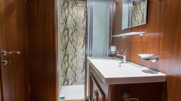 Modern shower area on the 6-cabin gulet Koray Ege, for hire in Marmaris.