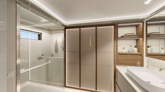 Modernes und elegantes Badezimmer im Katamaran Aloia 80, mit geräumiger Dusche und stilvollem Design.