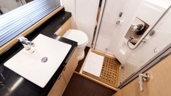 Modern bathroom on motor yacht Serendipity I, stylish and functional.