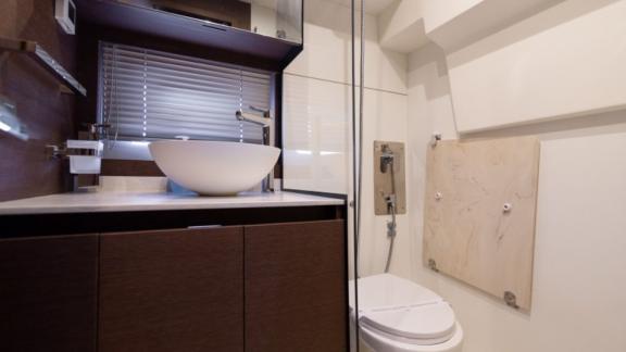 The bathroom on the motor yacht Brigadoon features a modern and stylish design.