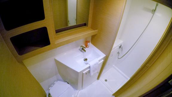 Stylish bathroom in the Aymeline catamaran featuring a sink, toilet, and separate shower for maximum comfort.