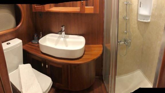 Bathroom with wooden furniture, sink, toilet, and shower cabin.