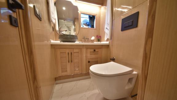 The bathroom of the trawler Compass features modern design and comfortable amenities.