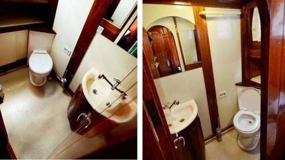 Clean bathroom with shower, toilet, and sink on Gulet Ali Aga 1 in Göcek.