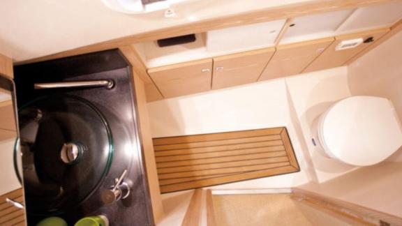 The motor yacht Celebrate has a stylish and functional bathroom.