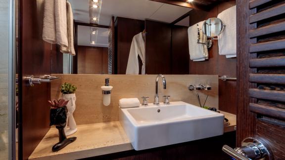 Modern bathroom with stylish design on yacht Miraval.