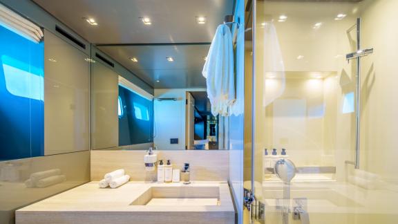 The Sanlorenzo SL96A Primus near Split features a stylish and modern guest bathroom.