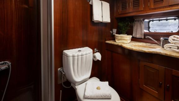 Holzverkleidung und Marmorelemente sorgen für stilvollen Komfort in diesem Gästebad.