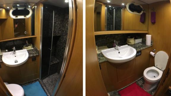 The bathroom of the trawler yacht Atıl in Göcek is modernly equipped and functional.