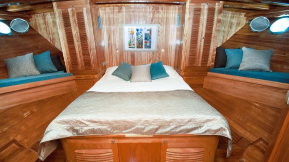 Enjoy restful nights in the luxurious cabin of Gulet Myra with stylish decor.