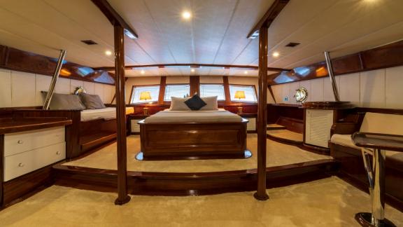 Spacious and luxurious main cabin of a motor sailer with 5 cabins in Fethiye.