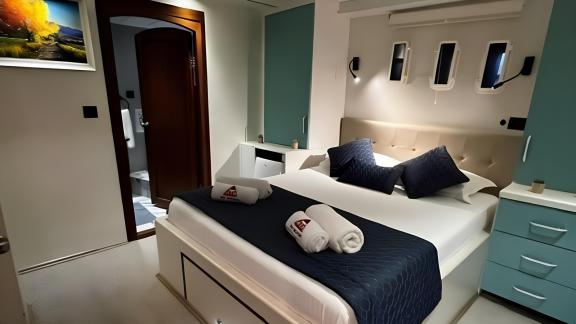 An elegant cabin on board the gulet Mrs Elcih in Göcek, Turkey.