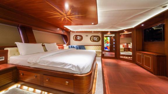 The spacious cabin of the Gulet La Bella Vita in Bodrum offers modern comfort with stylish lighting and a luxurious ambi