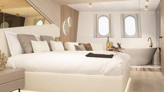 Yachtcharter: Enjoy the comfort of the luxurious suite on the Mega Yacht Cristal in Croatia.