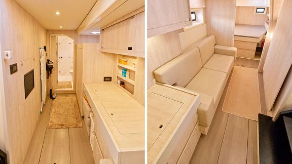 Spacious hallway and comfortable seating area in the interior of Leopard 48 Monaco, perfect for a luxurious getaway