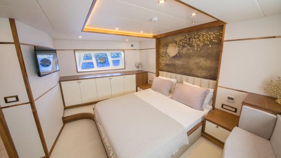 Modern cabin design on the Floki trawler yacht offering a spacious and cozy atmosphere.