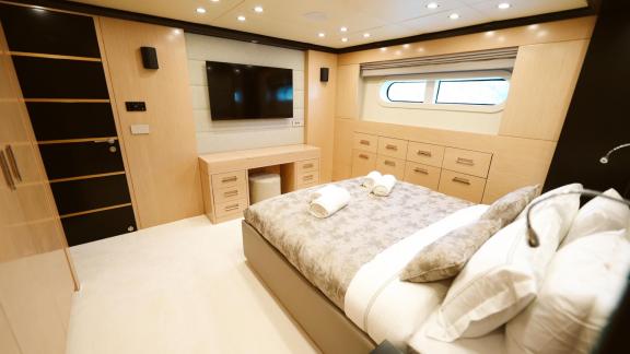 Modern cabin and elegant interior of Princess Melda yacht.