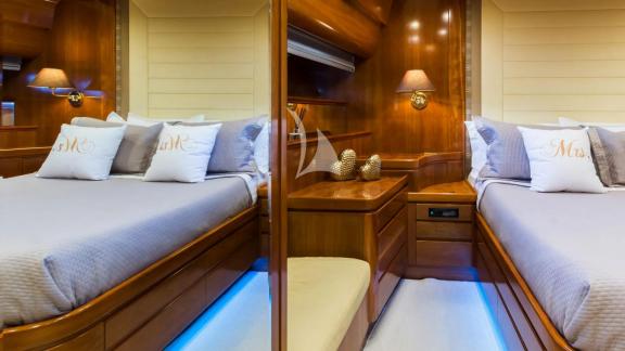 Spacious double cabin on yacht Amoraki with stylish details.