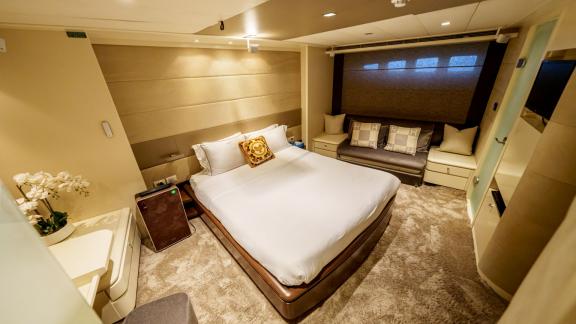 The elegant and comfortable cabin of Tatii 2 provides the perfect space for a luxury yacht rental experience in Dubai.