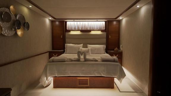 The Ayem yacht in Göcek features a romantic guest cabin with warm ambient lighting.