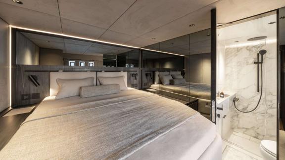 Stylish modern cabin with en-suite bathroom aboard the Adara Next catamaran, departing from Athens.