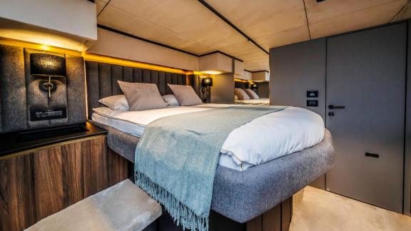 Clean design and soft lighting create a peaceful and luxurious charter space near Split.
