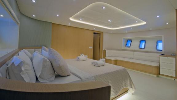 Among Fethiye yacht charter options the 6 cabin 12 guest Dodo motorsailer features a spacious master cabin with modern d
