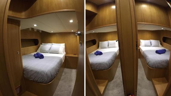 The cabins of the trawler yacht Atıl in Göcek feature comfortable beds.