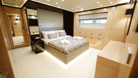 Luxury cabin of Princess Melda yacht with elegant and modern design.