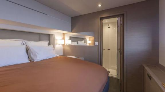 Allure catamaran for rent includes a comfy cabin with modern private bathroom.