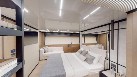 The master bedroom of the Ferretti 780 motor yacht adds elegant comfort and modernity to your Dubai yacht rental experie