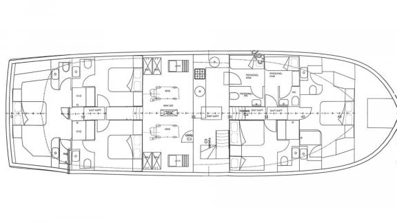 Kabinen, Crewbereiche und Maschinenraum sind im Grundriss gut erkennbar.