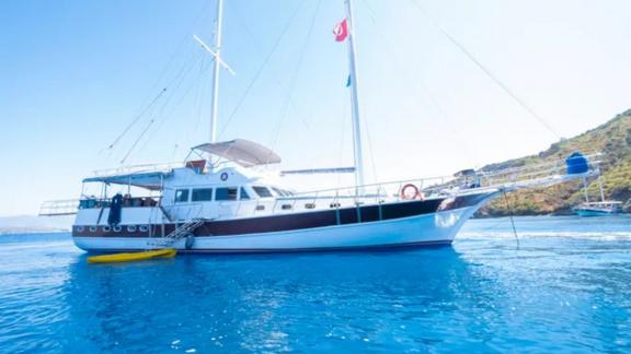 The Gulet Avuncan sailing through calm blue waters under clear skies in the Aegean Sea.