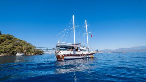 The Gulet Avuncan sails along a green coastline under clear blue skies in the Aegean Sea.