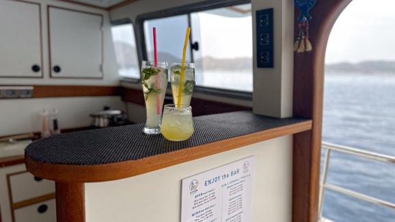 Drinks prepared on the bar counter inside Gulet Ayken enhance the enjoyment of the journey.